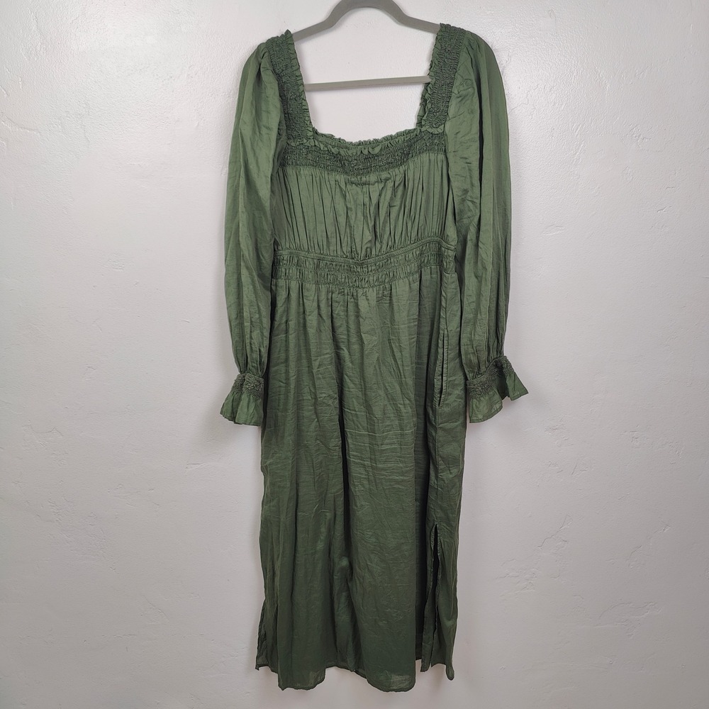 Gap Smocked Midi Dress Womens Medium Green Square Neck Pockets Cottagecore Boho - Picture 6 of 9